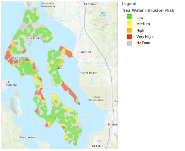 An image depicting the concerning phenomenon of seawater intrusion, where saltwater encroaches into freshwater sources. Visualizing the impact on groundwater quality, this photo underscores the challenges and consequences associated with maintaining a balance between salt and freshwater on Whidbey Island.