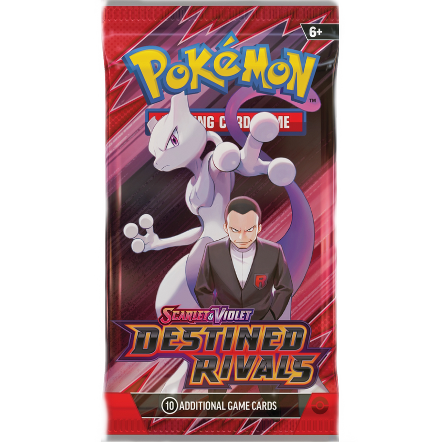 Pokémon Trading Card Game Destined Rivals booster pack featuring Mewtwo and Giovanni.