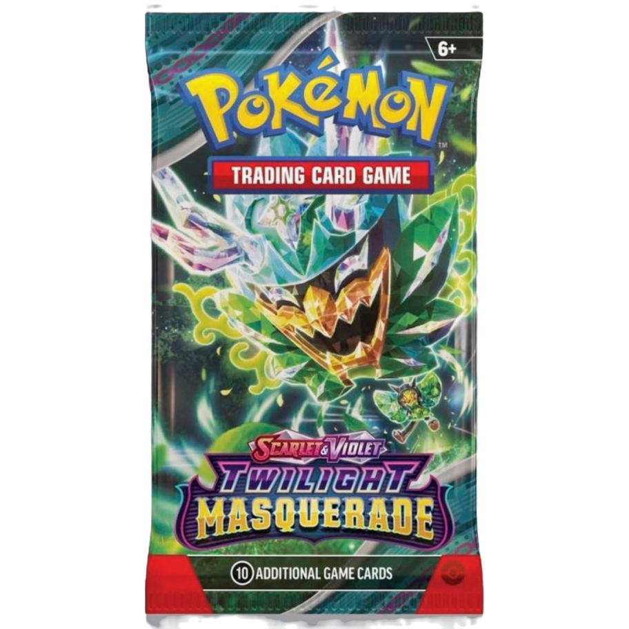 Pokemon trading card game Twilight Masquerade booster pack with additional game cards.