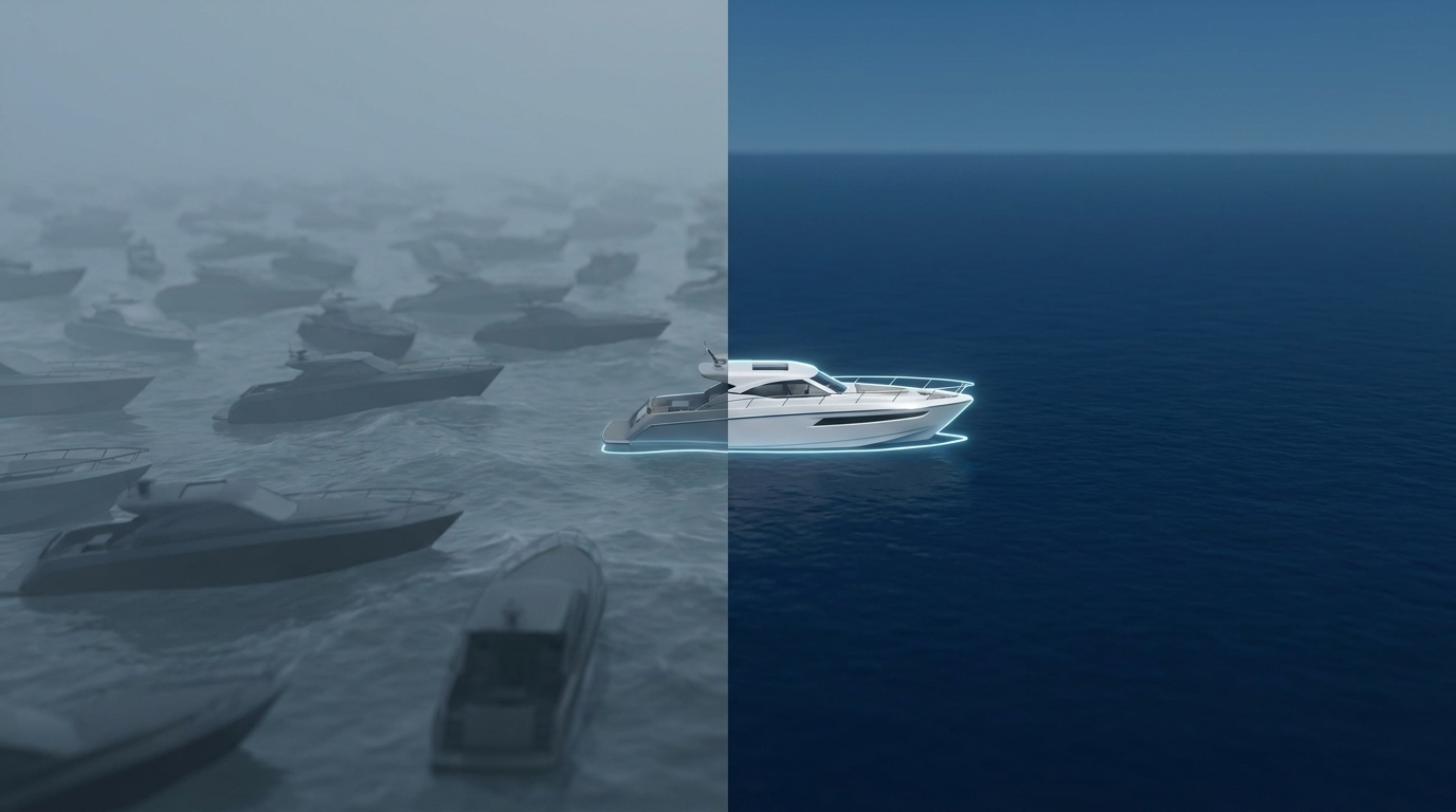 Foggy sea of generic boats on one side, one sharply outlined boat in clear water on the other