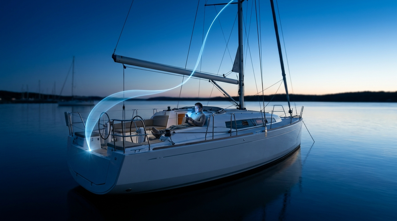 Sailboat at blue hour with a glowing line of light reaching the owner's phone
