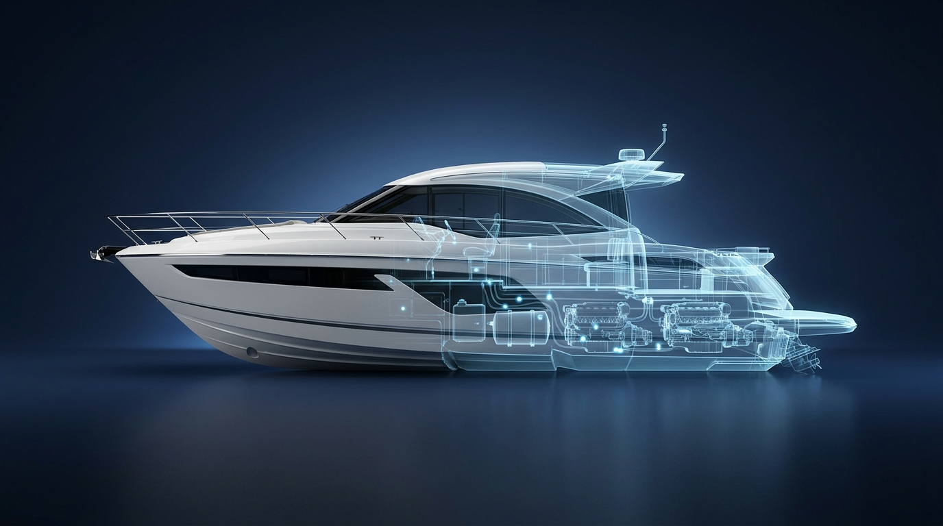 Motor yacht dissolving into a glowing wireframe of its engines, tanks and systems