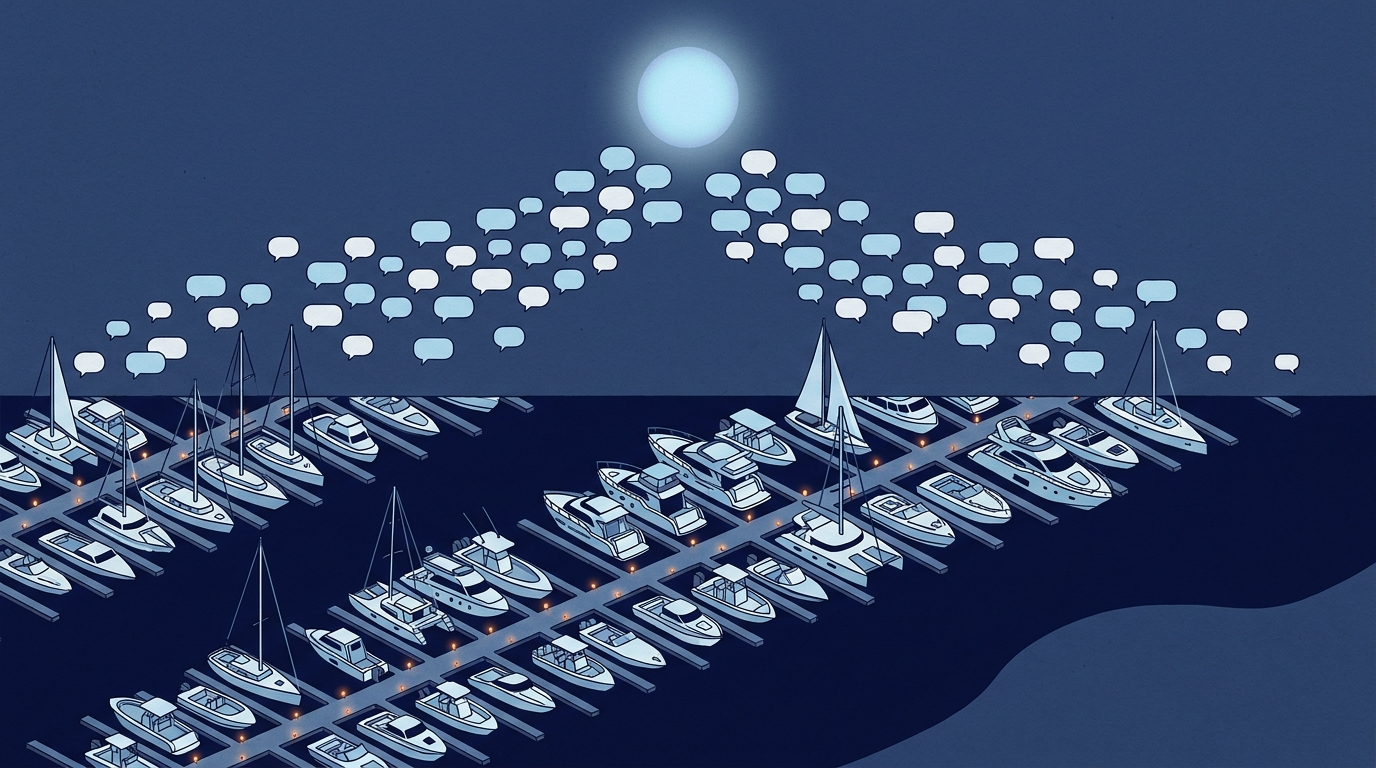Illustrated marina at dusk with question bubbles rising from many boats toward one glowing point