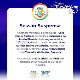 Câmara cancela sessão da segunda-feira (07) e decreta luto de três dias em memória de Eurídes Siqueira