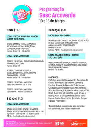 Sesc Arcoverde integra ações do Viradão Sesc 2026 até o domingo (15)