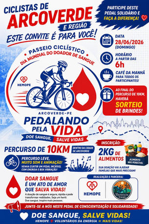 Passeio ciclístico em Arcoverde marca o Dia Mundial do Doador de Sangue com ação solidária; inscreva-se