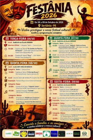 Sertânia recebe 1º Festânia com programação cultural entre 6 e 9 de outubro; confira a programação