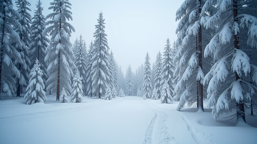 Wide angle view of snowy forest landscape near Rovaniemi
