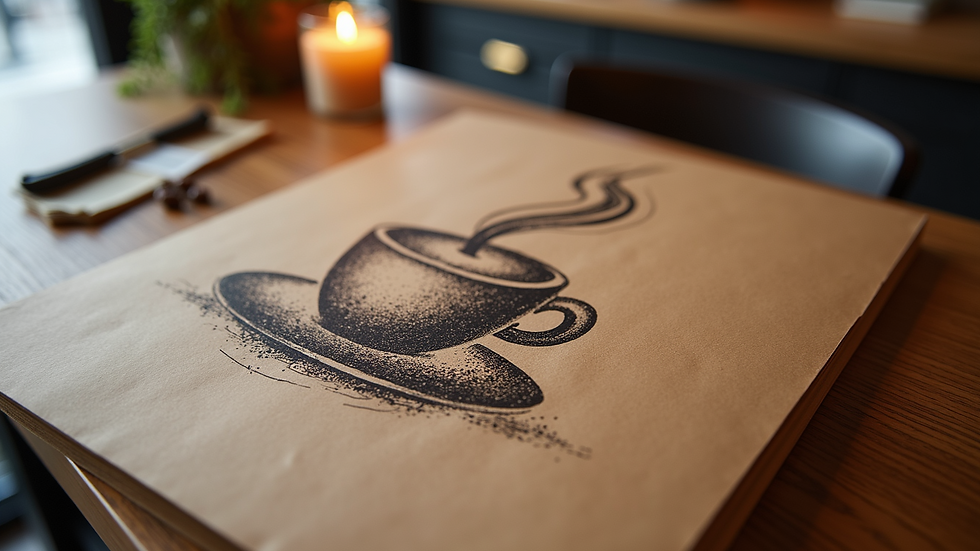 High angle view of a coffee shop logo sketch with symbolic elements
