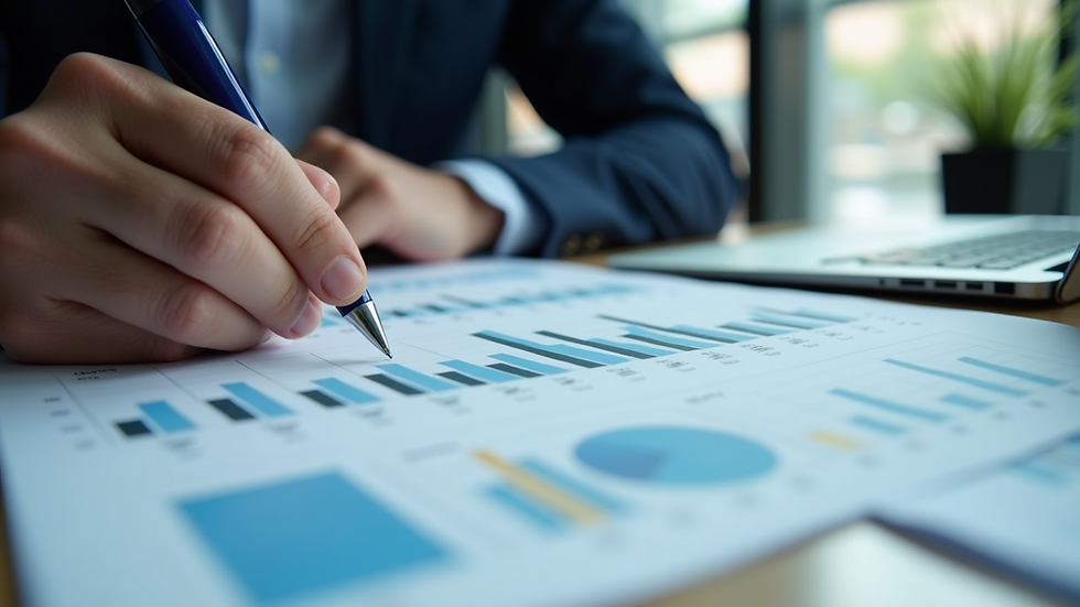 Eye-level view of a person analyzing financial records