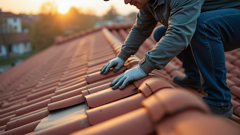 Close-up view of a worker repairing roof tiles