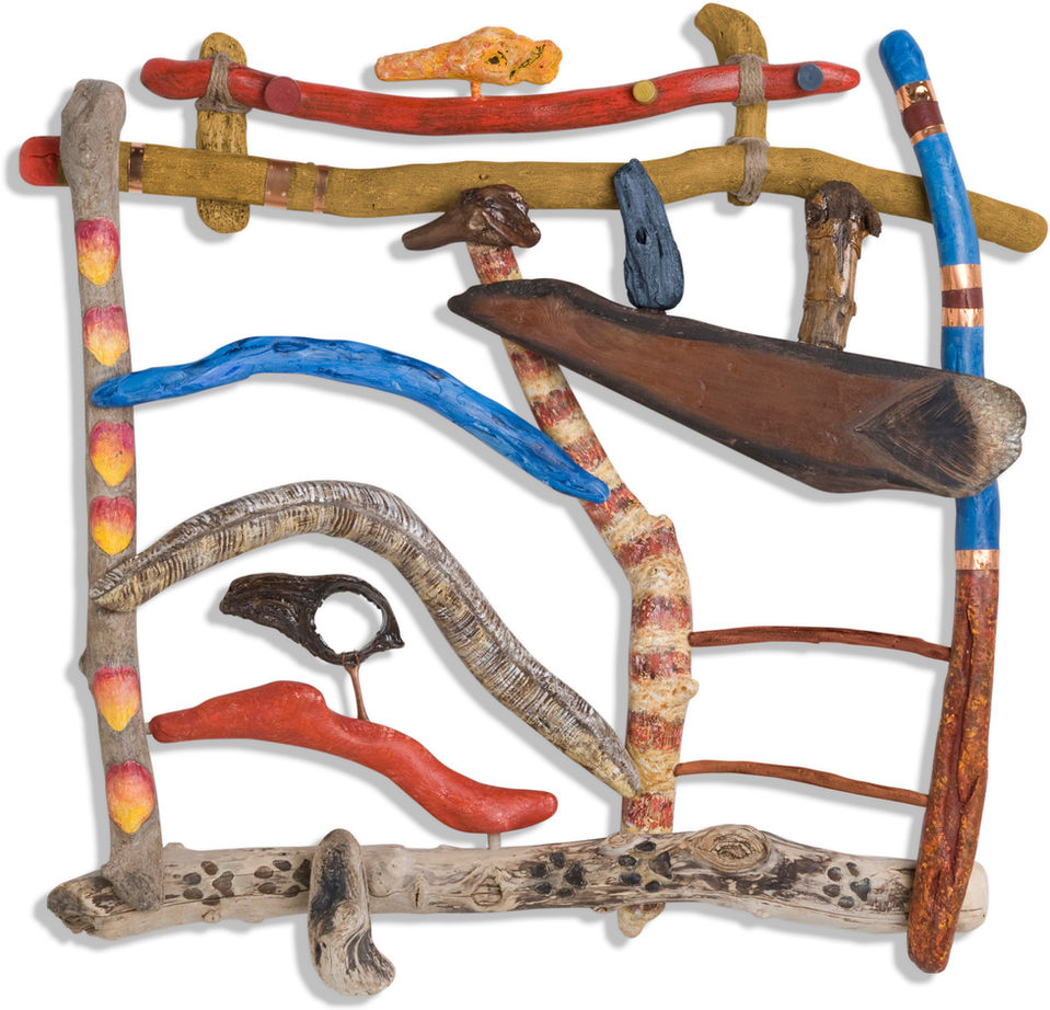 Art assemblage window from driftwood