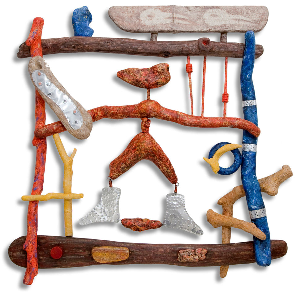 Art assemblage window from driftwood