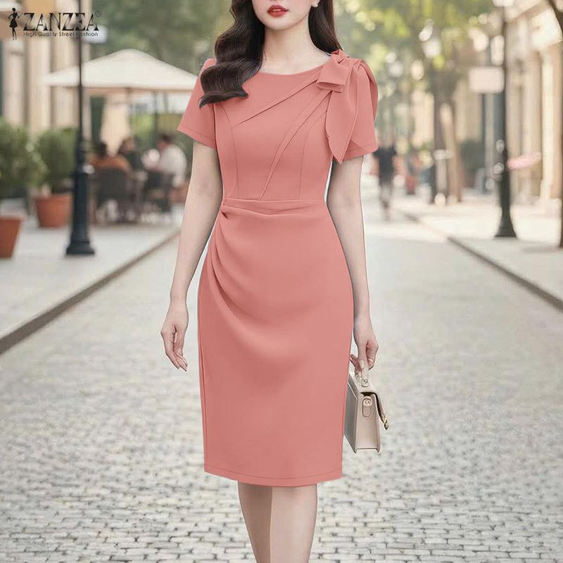 Miniatura: Vestido Elegante Justo Com Mangas Curtas E Barra Com fenda Estilo Lápis