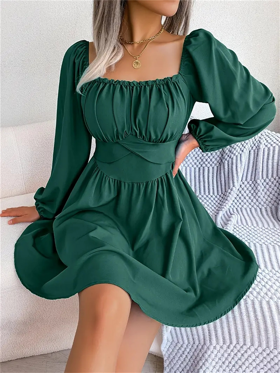 Miniatura: Vestido Feminino Franzido de Manga Longa Decote Quadrado