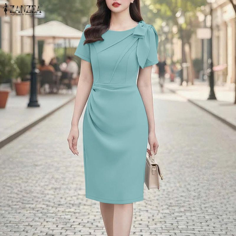 Miniatura: Vestido Elegante Justo Com Mangas Curtas E Barra Com fenda Estilo Lápis