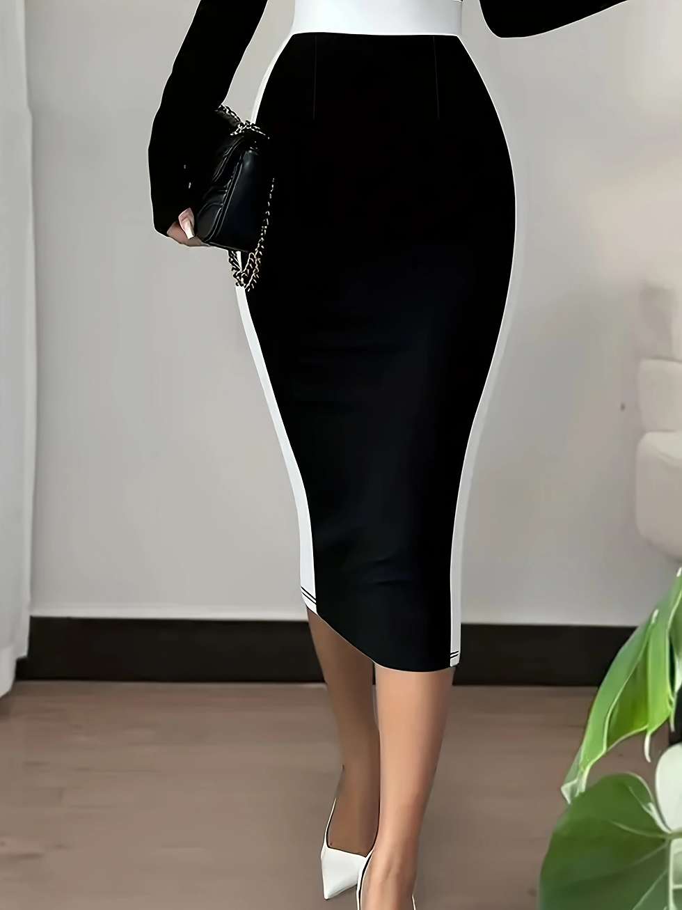 Miniatura: Saia Lápis Midi Feminina Preto e Branco Cintura Alta Elegante