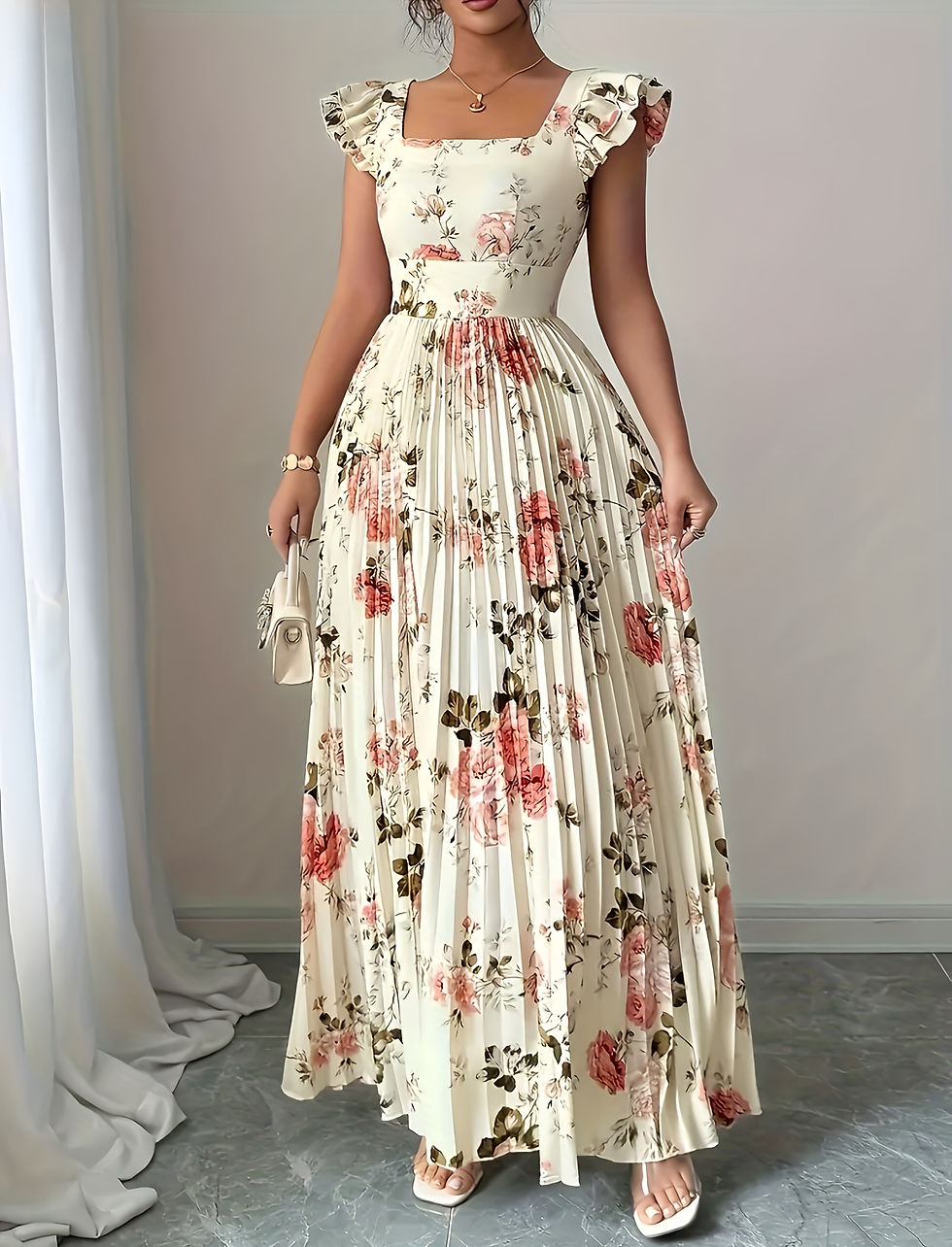 Miniatura: Vestido Midi Floral Bege Plissado Decote Quadrado com Babados