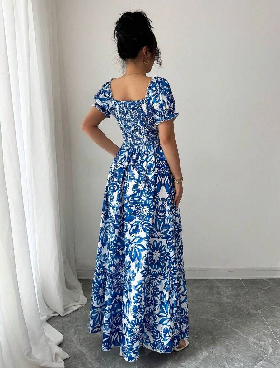 Miniatura: Vestido Longo Azul Elegante Estampa Floral Mangas Bufantes Cintura Franzida Amar