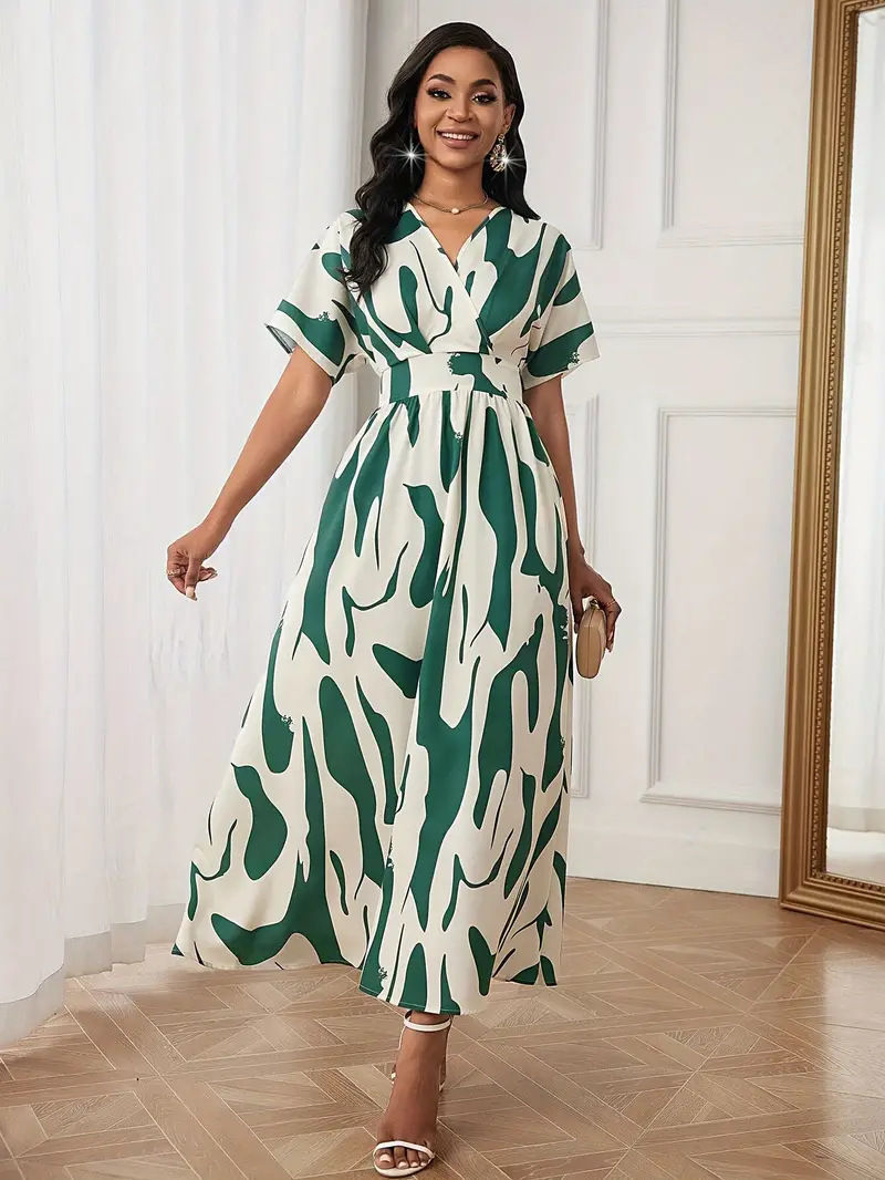 Miniatura: Vestido Midi Feminino com Estampa Abstrata Decote V e Cintura Alta
