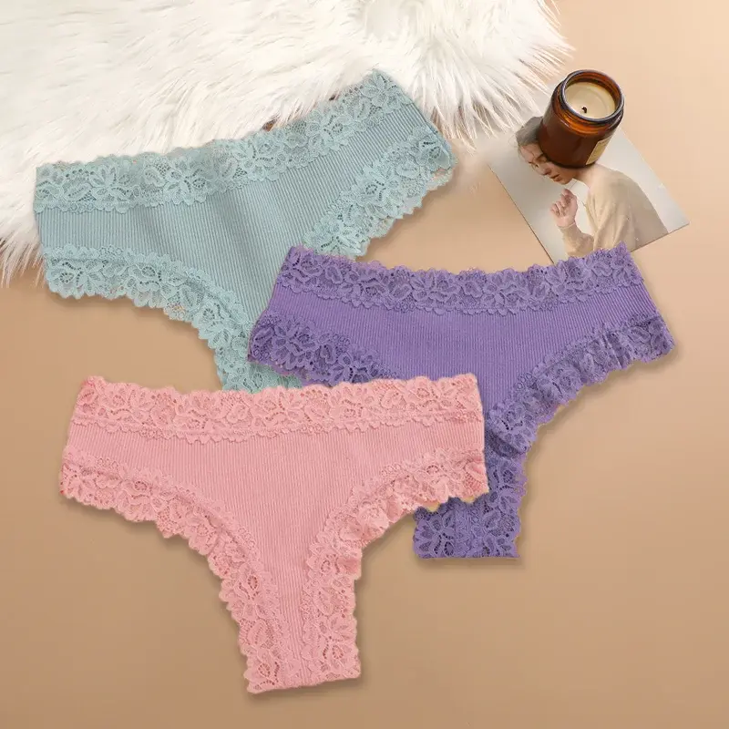 Miniatura: Kit 3 Calcinhas Femininas de Algodão com Renda Floral