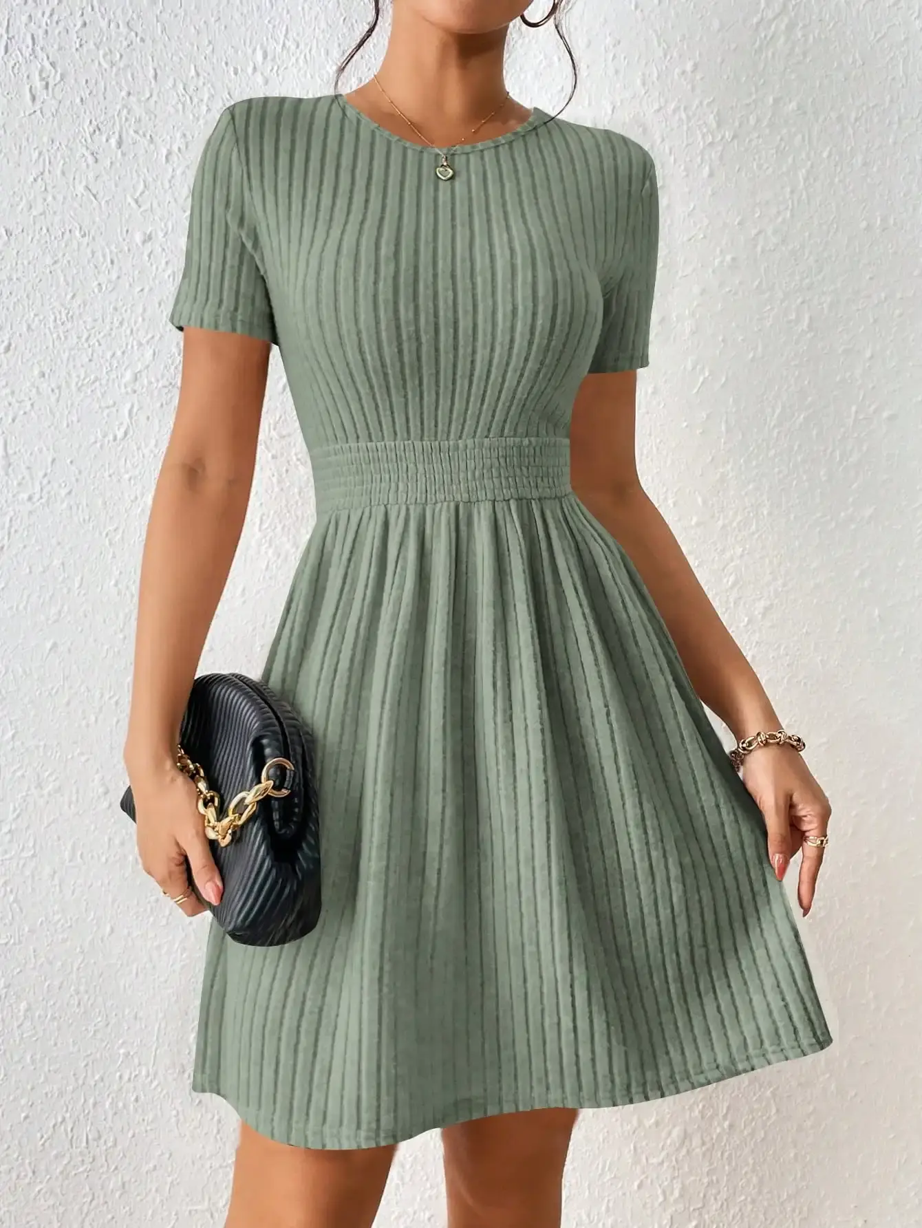 Vestido Moderno Cor Sólida Cintura Canelada Modelagem Evasê Em Tricô Confort�