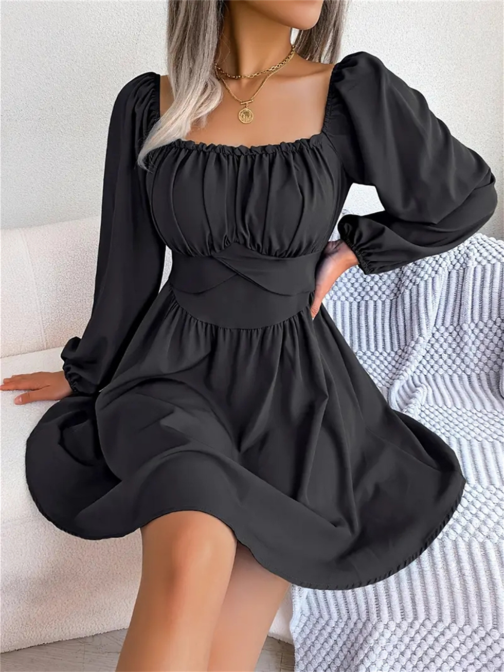 Miniatura: Vestido Feminino Franzido de Manga Longa Decote Quadrado