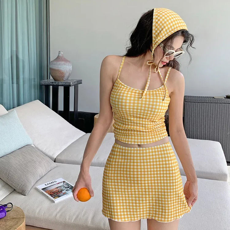 Miniatura: Conjunto Biquíni Feminino 4 Peças Estilo Elegante Xadrez e Saída de Praia