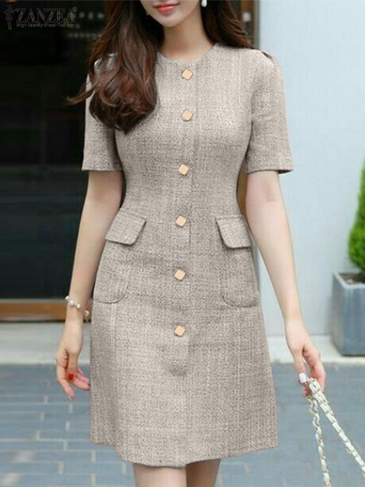 Vestido Vintage Decote Redondo Manga Curta Botões Frontais Elegante