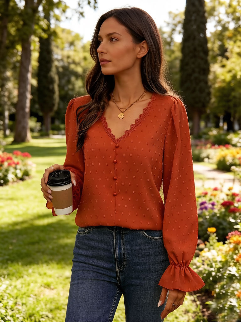 Blusa Feminina Manga Sino Decote V Renda e Botões Elegantes