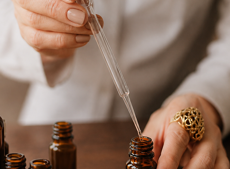 Mãos utilizando uma pipeta entre frascos âmbar durante o processo de criação de uma fragrância botânica