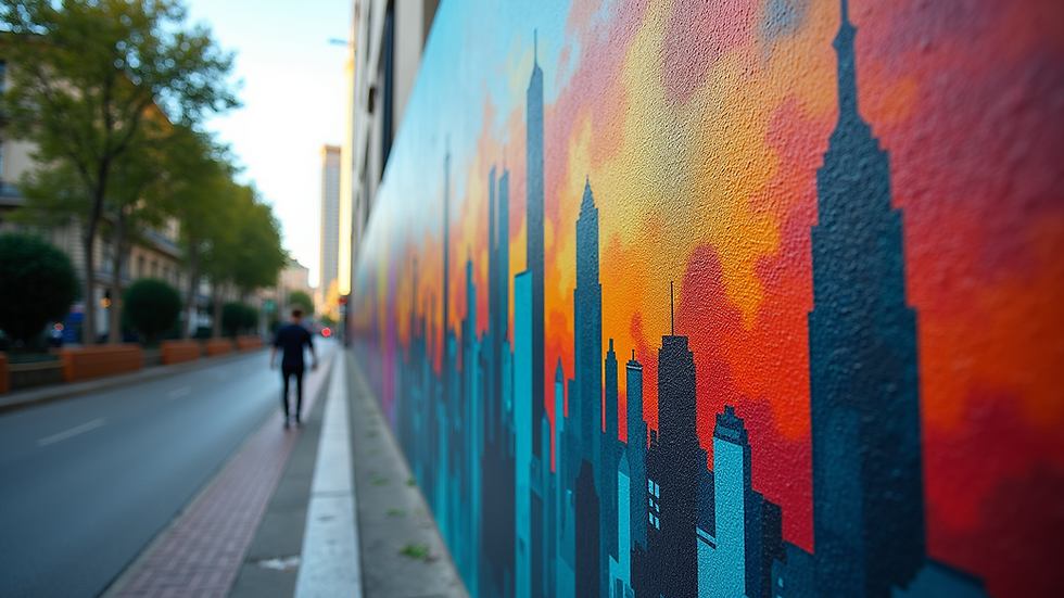 Eye-level view of a colorful mural depicting a city skyline