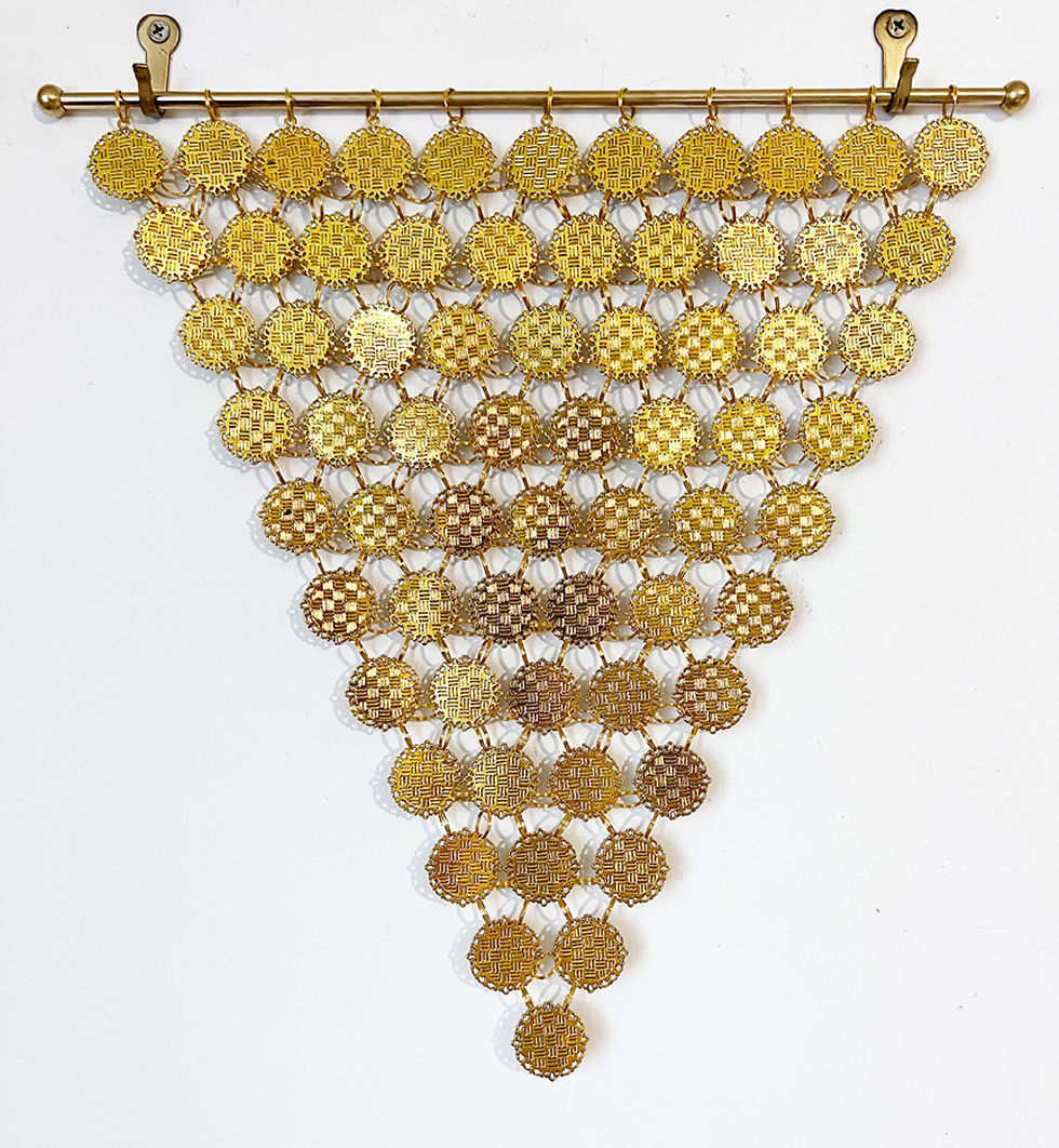 Thumbnail: Round brass and glass cabochons on rod with 66 abracadabra drawings small artist sand laurenson detail back