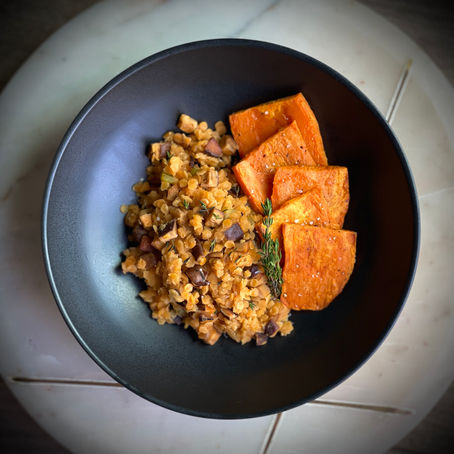 Smoky Red Lentils & Shitake with Sweet Potato Planks