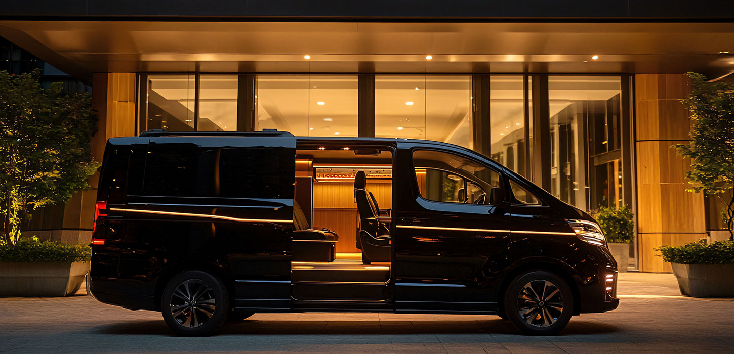 Black van with open door parked at hotel entrance at night.