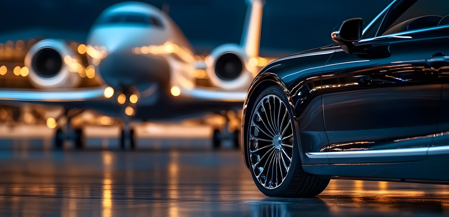 Luxury black car parked with jet in background, evening scene DCC