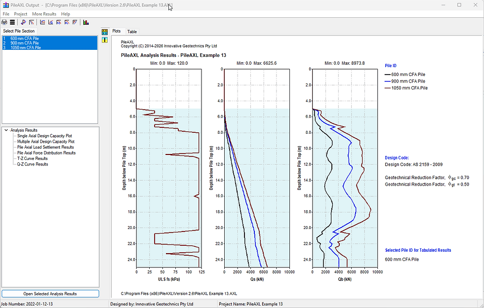 Axial pile capacity results selection window in the PileAXL program