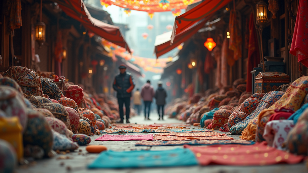 Eye-level view of a vibrant street market filled with colorful handmade crafts