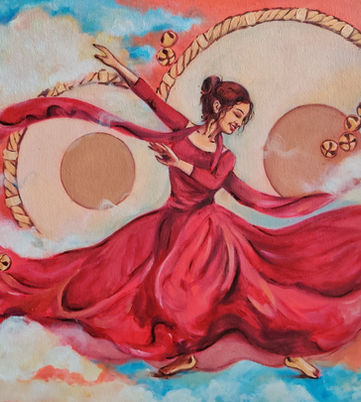 A girl dancing in the clouds in her thoughts