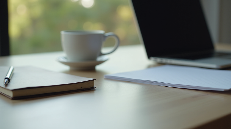 Close-up view of a desk with a laptop, notebook, and coffee cup arranged neatly