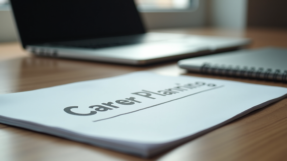 Eye-level view of a desk with a laptop and a notebook showing career planning