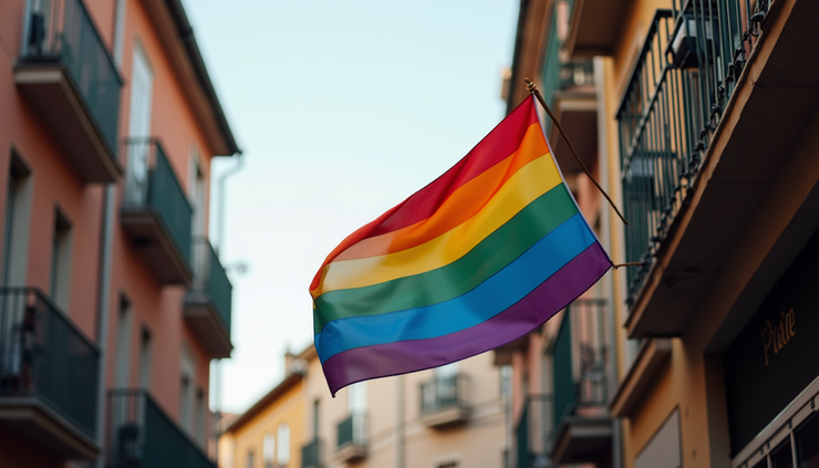 Eye-level view of a colorful Pride flag hanging on a building balcony
