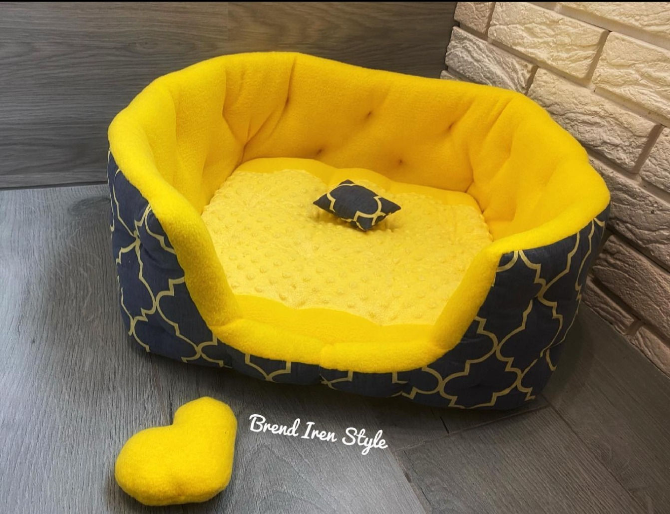 Adorable Yellow Dog Bed with Heart-Shaped Pillow and Stylish Patterns