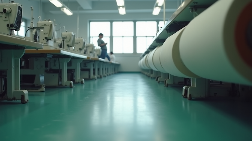 Eye-level view of garment factory floor with sewing machines and fabric rolls