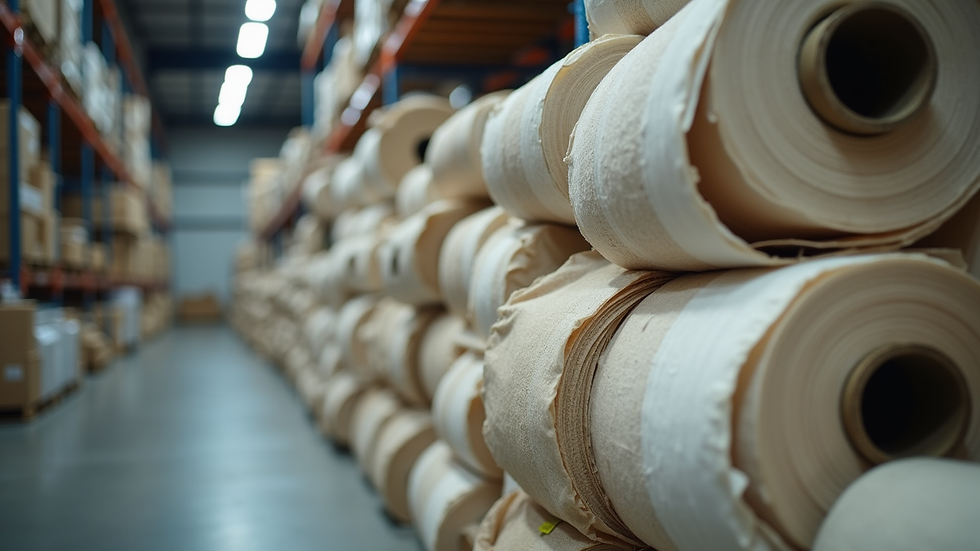 Close-up view of fabric rolls stacked in a warehouse