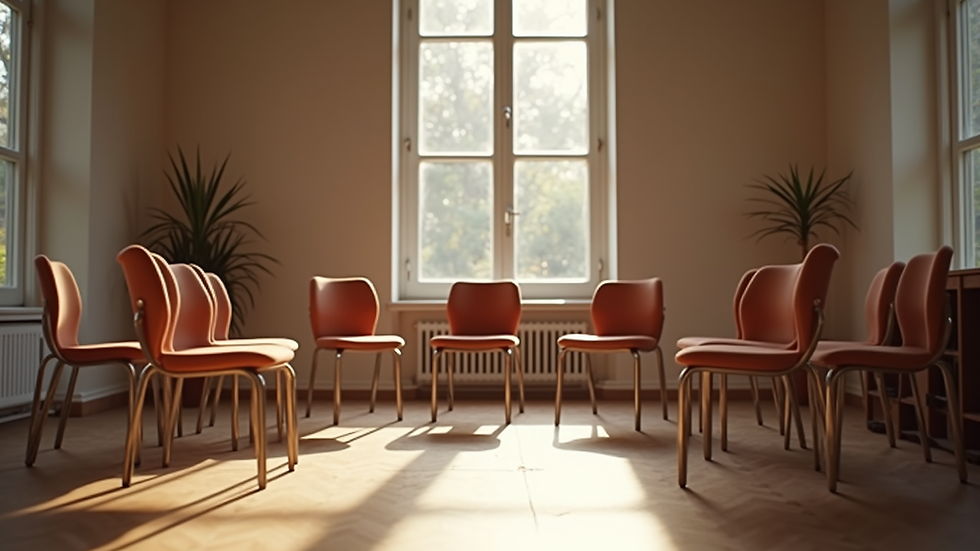 Eye-level view of a cozy workshop space with chairs arranged in a circle