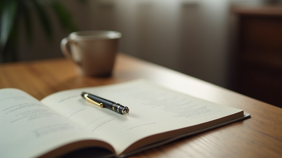 Close-up view of a journal and pen on a wooden table, symbolizing self-reflection and healing