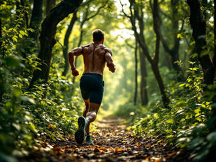 A dynamic depiction of an athlete running through a forest, surrounded by natural adaptogen ingredients like ashwagandha and shatavari, symbolizing endurance and recovery.