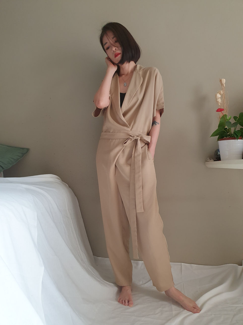 Thumbnail: Collared Wrap Front Jumpsuit - Beige