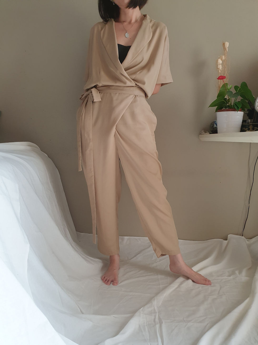 Thumbnail: Collared Wrap Front Jumpsuit - Beige